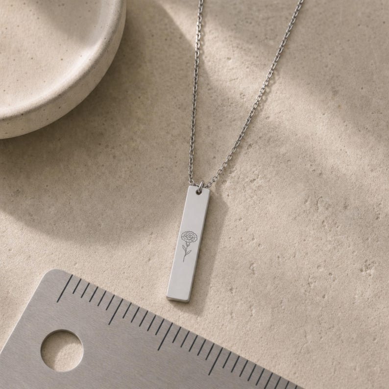 Carnation Necklace, January Birth Flower Necklace, Carnation Pendant, Birth Flower Bar Necklace Stainless Steel (No coating)