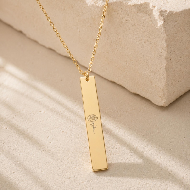 Carnation Necklace, January Birth Flower Necklace, Carnation Pendant, Birth Flower Bar Necklace 18K Gold PVD coating