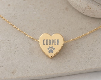 Personalized Pet Name Heart Necklace, Engraved Paw Print Pendant, Stainless Steel Jewelry