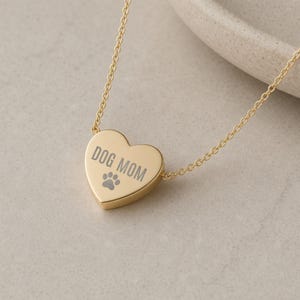 Dog Mom Necklace - Engraved Paw Print Heart Pendant, Gift for Dog Mom