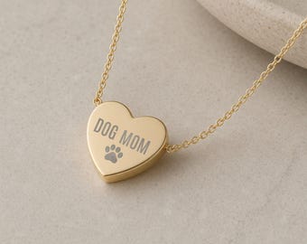 Dog Mom Heart Pendant Necklace – Engraved Paw Print, Stainless Steel, 18K Gold PVD