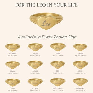 Puede incluir: Un anillo dorado con una cara en forma de coraz&oacute;n grabada con la palabra Leo. La imagen muestra doce variaciones de este anillo, cada una grabada con el nombre de un signo zodiacal y su rango de fechas, incluyendo Aquarius, Pisces, Aries, Taurus, Gemini, Cancer, Leo, Virgo, Libra, Scorpio, Sagittarius y Capricorn.