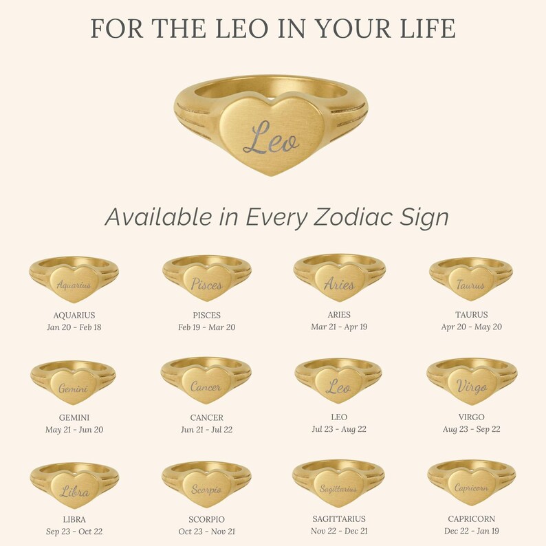 Puede incluir: Un anillo dorado con una cara en forma de coraz&oacute;n grabada con la palabra Leo. La imagen muestra doce variaciones de este anillo, cada una grabada con el nombre de un signo zodiacal y su rango de fechas, incluyendo Aquarius, Pisces, Aries, Taurus, Gemini, Cancer, Leo, Virgo, Libra, Scorpio, Sagittarius y Capricorn.