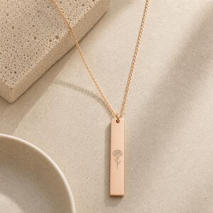 Carnation Necklace, January Birth Flower Necklace, Carnation Pendant, Birth Flower Bar Necklace 18K Rose Gold PVD coating