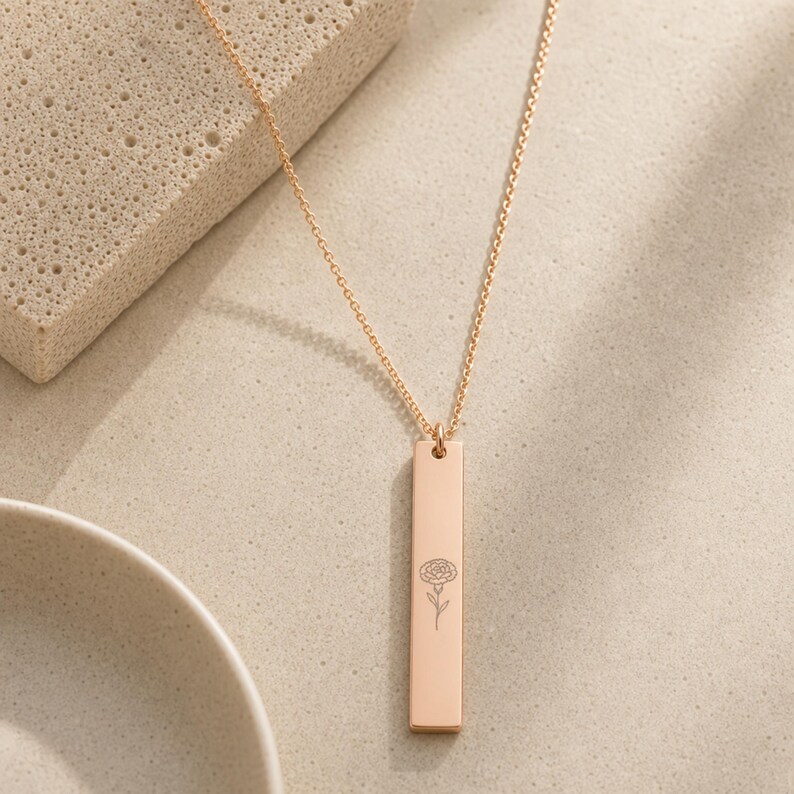 Carnation Necklace, January Birth Flower Necklace, Carnation Pendant, Birth Flower Bar Necklace 18K Rose Gold PVD coating