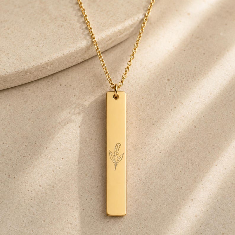 Lily of the Valley Necklace, May Flower Necklace, Dainty Lily Necklace, Thin Bar Necklace 18K Gold PVD coating