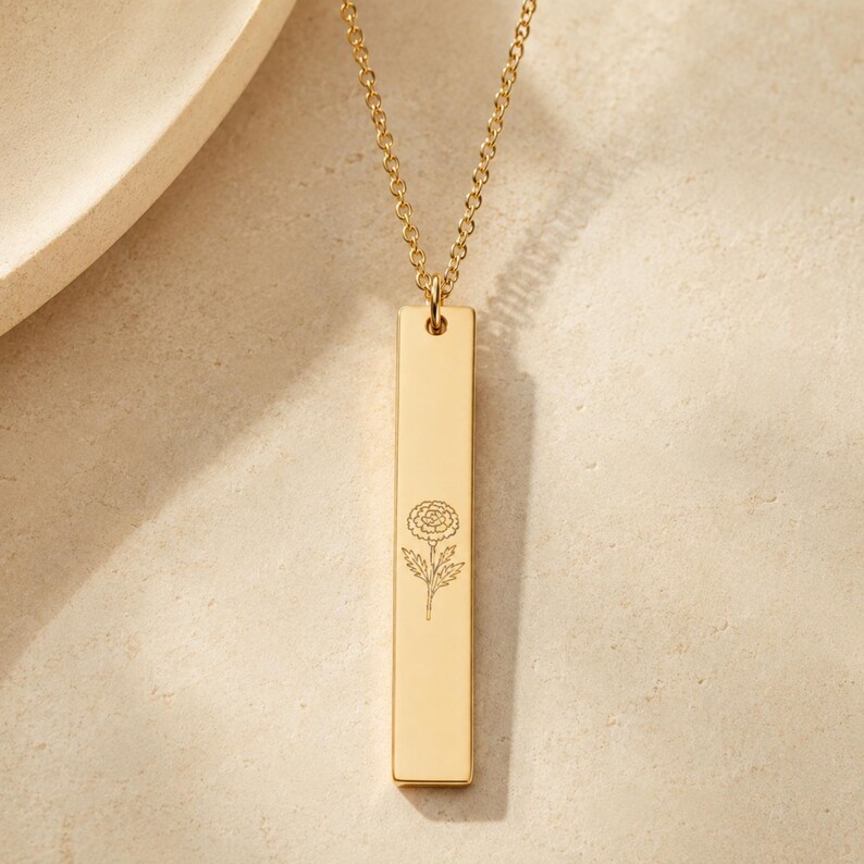 Marigold Necklace, Marigold Pendant, October Birth Flower 18K Gold PVD coating