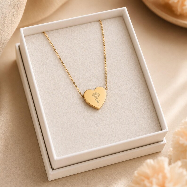 Gold carnation heart pendant necklace in a white gift box beside fresh carnations, a January birthday gift