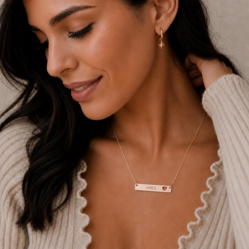 Aries Sign Necklace, Aries Pendant, Zodiac Bar Necklace, Birth Sign Necklace 18K Rose Gold PVD coating