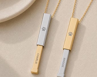 Hidden Message Dog Paw Necklace, Custom Engraved Pet Bar Pendant (316L Stainless Steel)