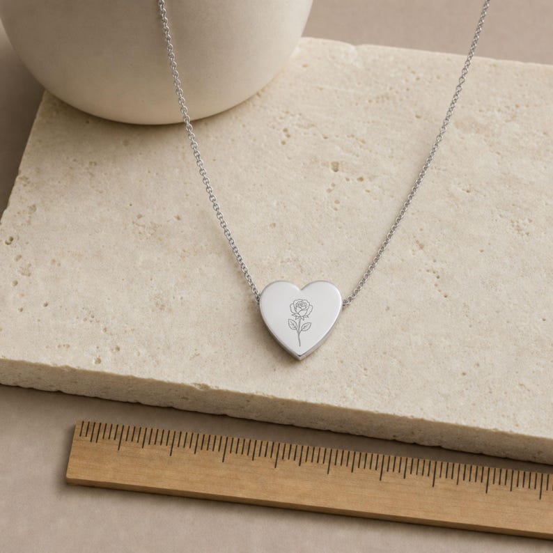 June Flower Necklace, June Rose Necklace, June Flower Charm, Birth Flower Heart Stainless Steel (No coating)