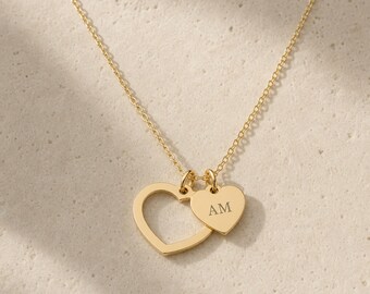 Heart Cutout Necklace, Last Name Necklace, Two Initial Necklace