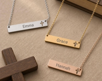 Personalized Faith Name Necklace, Name Cross Pendant, Cross Bar Necklace