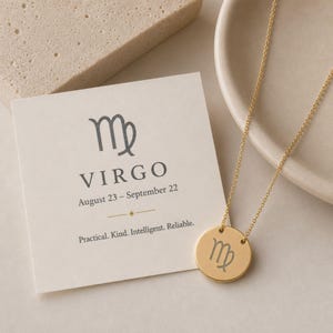 Colgante de moneda de Virgo, collar de moneda de Virgo, collar del signo zodiacal, collar del signo Virgo 18K Gold PVD coating