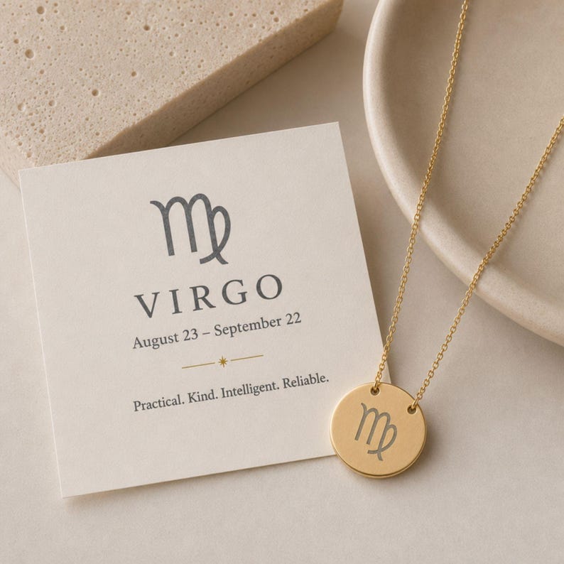Colgante de moneda de Virgo, collar de moneda de Virgo, collar del signo zodiacal, collar del signo Virgo 18K Gold PVD coating