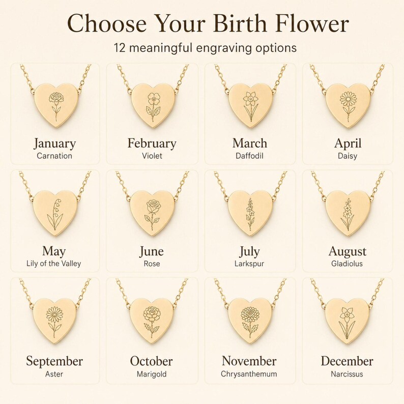 K&ouml;nnte beinhalten: Ein Raster aus zw&ouml;lf goldenen herzf&ouml;rmigen Anh&auml;ngern an Ketten, die jeweils mit einer anderen Geburtsblume graviert sind. Der Text lautet: Choose Your Birth Flower, 12 meaningful engraving options, und listet die Monate von Januar bis Dezember.