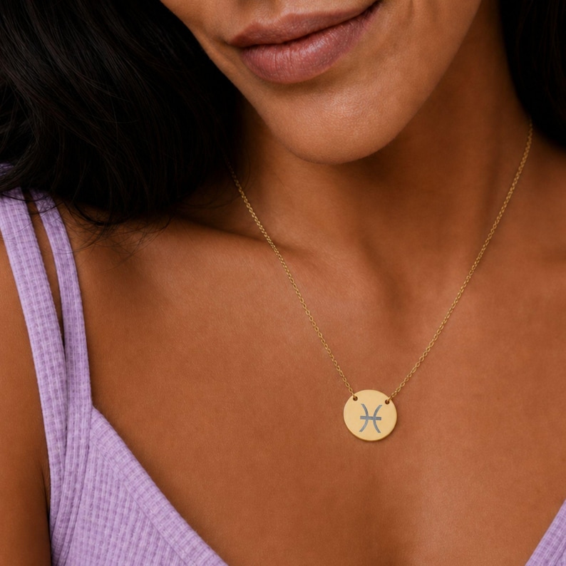 Pisces Zodiac Jewelry, Pisces Symbol Necklace, Pisces Coin Pendant, Pisces Coin Necklace image 1