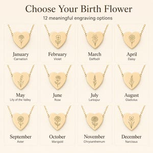 Puede incluir: Una cuadr&iacute;cula de doce colgantes dorados en forma de coraz&oacute;n con cadenas, cada uno grabado con una flor de nacimiento diferente. El texto dice: Choose Your Birth Flower, 12 meaningful engraving options, y enumera los meses de enero a diciembre.