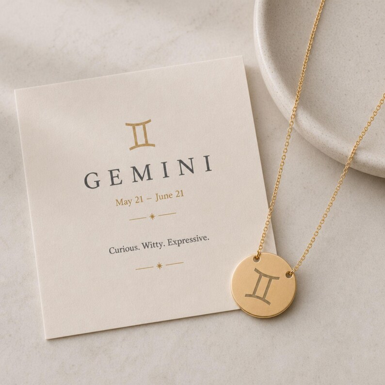Naszyjnik z monetą Bliźniąt, Wisiorek Bliźniąt, Naszyjnik z monetą zodiaku 18K Gold PVD coating