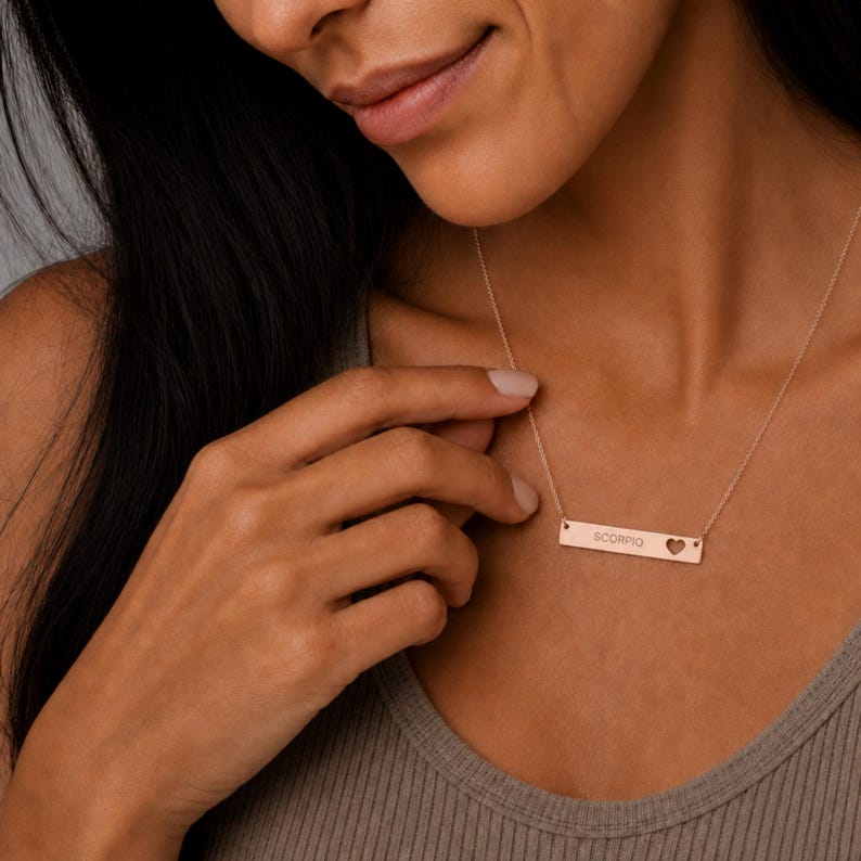 Scorpio Gift For Her, Scorpio Pendant, Zodiac Bar Necklace, Birth Sign Necklace 18K Rose Gold PVD coating