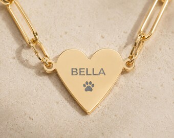 Paperclip Necklace, Paw Print Necklace, Dainty Necklace, Engraved Pendant, Gift for Her
