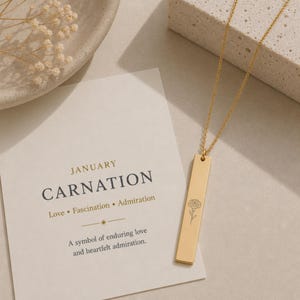 Carnation Necklace, January Birth Flower Necklace, Carnation Pendant, Birth Flower Bar Necklace image 2