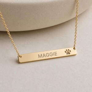 Personalized Pet Bar Necklace, Puppy Paw Pendant, Pawprint Necklace