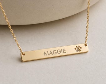 Personalized Pet Bar Necklace, Puppy Paw Pendant, Pawprint Necklace