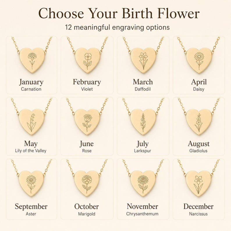 May include: A grid of twelve gold heart-shaped pendants on chains, each engraved with a different birth flower. The text reads: Choose Your Birth Flower, 12 meaningful engraving options, and lists months from January to December with flower names.