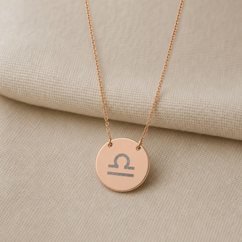 Libra Coin Necklace, Libra Scale Necklace, Zodiac Coin Necklace 18K Rose Gold PVD coating