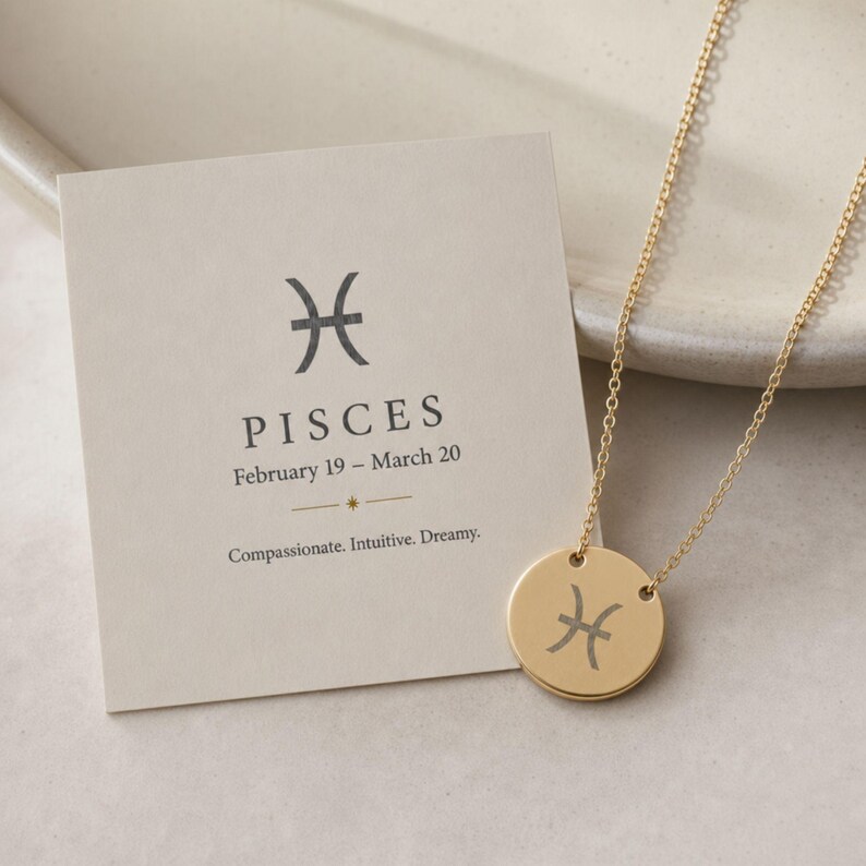 Pisces Zodiac Jewelry, Pisces Symbol Necklace, Pisces Coin Pendant, Pisces Coin Necklace 18K Gold PVD coating