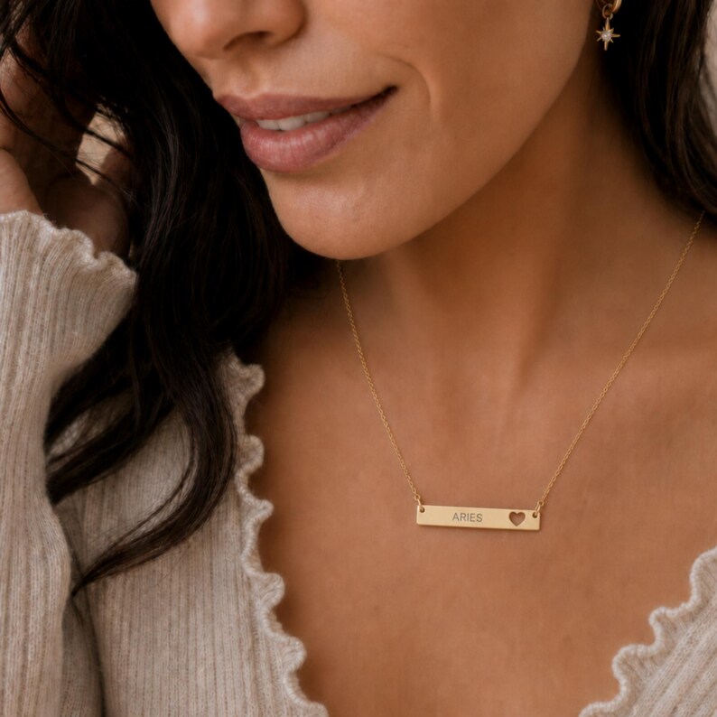 Aries Sign Necklace, Aries Pendant, Zodiac Bar Necklace, Birth Sign Necklace 18K Gold PVD coating