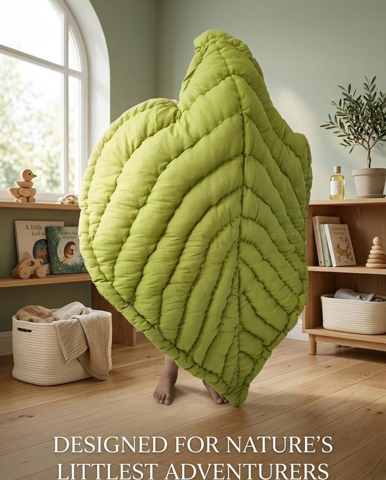 Puede incluir: Una manta grande acolchada en forma de hoja de color verde claro con costuras visibles que imitan las venas de una hoja. El texto "DESIGNED FOR NATURE'S LITTLEST ADVENTURERS" est&aacute; impreso en blanco en la parte inferior.