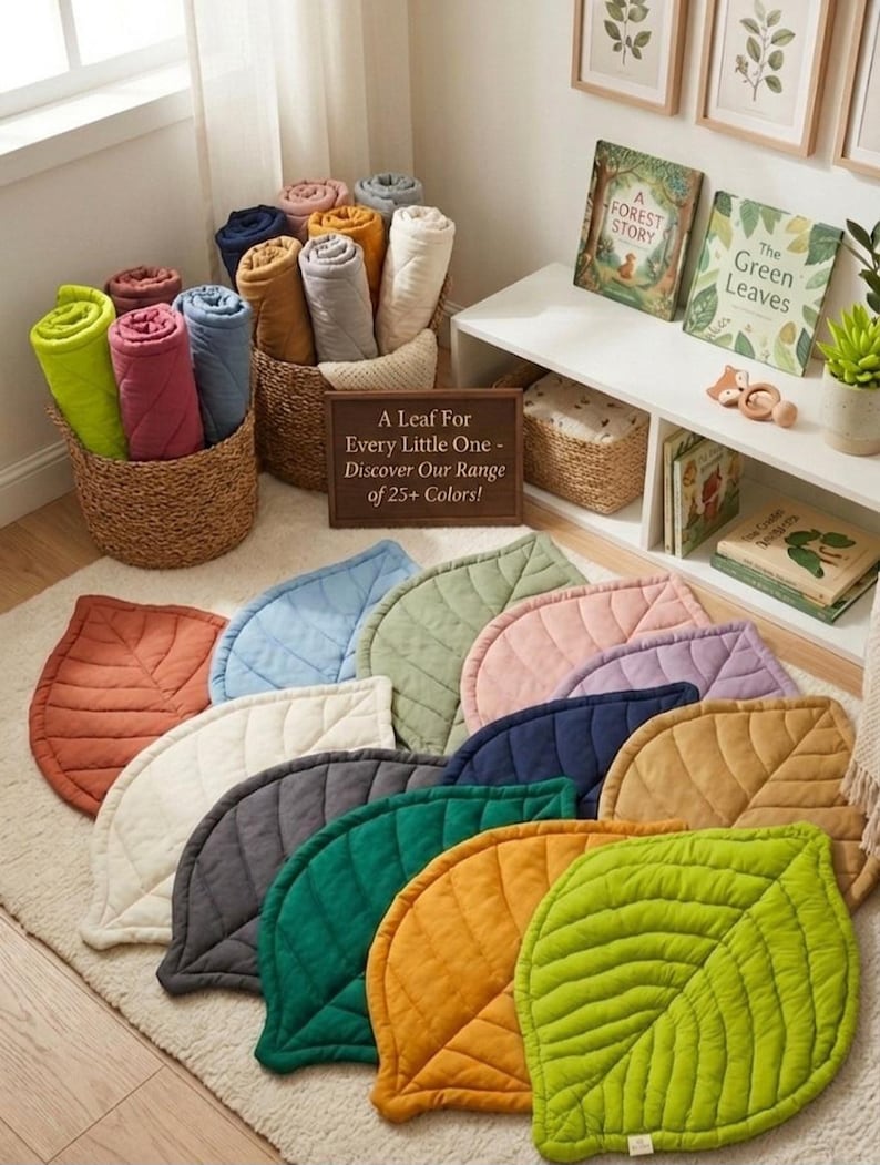 Alfombra de juegos para bebé con diseño de hojas / Alfombra acolchada de algodón orgánico para guardería / Alfombra para que el bebé juegue boca abajo inspirada en la naturaleza / Regalo suave y neutro para baby shower / Montessori imagen 2