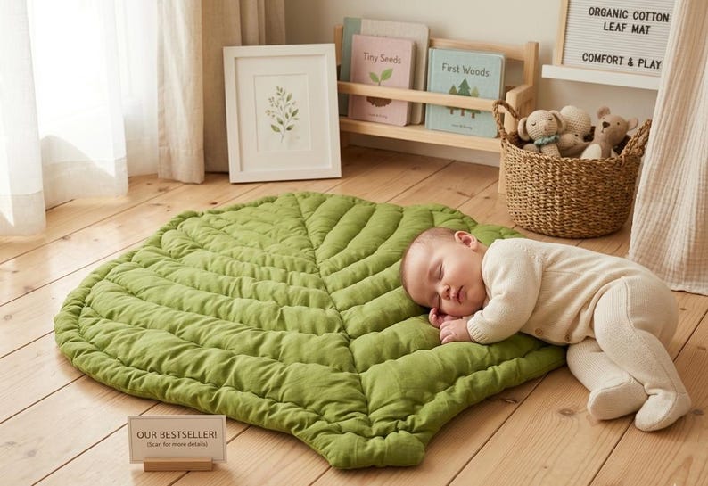 Puede incluir: Una alfombra de suelo grande con forma de hoja en color verde oliva s&oacute;lido con detalles de costuras acolchadas que imitan las venas de una hoja. La alfombra es de tela y est&aacute; colocada sobre un suelo de madera clara, con un letrero que dice OUR BESTSELLER!