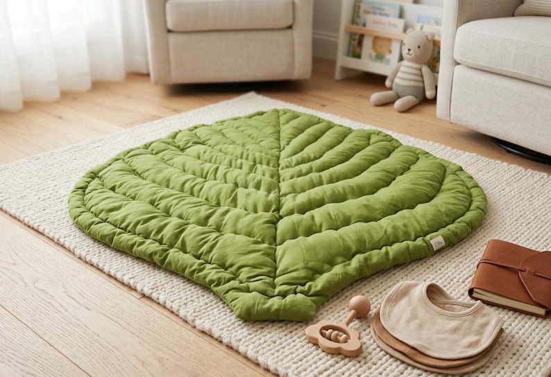 Puede incluir: Una alfombra de suelo grande con forma de hoja en un color verde vibrante. La alfombra presenta costuras acolchadas detalladas que imitan las venas de una hoja, creando una superficie texturizada y acolchada. Est&aacute; hecha de tela suave.