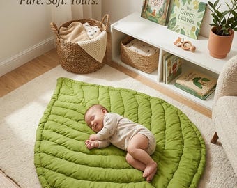Tapis de jeu pour bébé Leaf | Tapis matelassé pour chambre de bébé en coton bio | Tapis de protection pour le ventre inspiré de la nature | Cadeau de naissance doux et neutre | Montessori