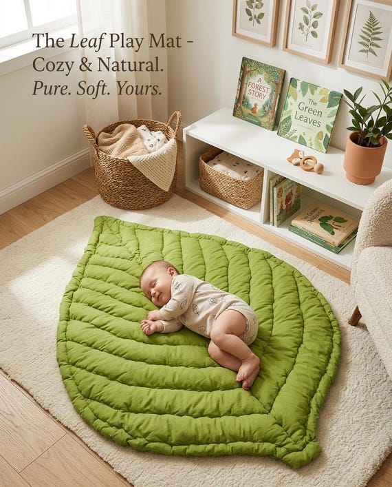 Leaf Baby Play Mat | Organic Cotton Quilted Nursery Rug | Nature Inspired Tummy Time Mat | Soft Neutral Baby Shower Gift | Montessori