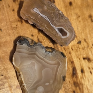 May include: Two polished agate slices with concentric banding in shades of brown, tan, and white. The top slice has a central cavity. The natural stone pieces are displayed on a wooden surface.