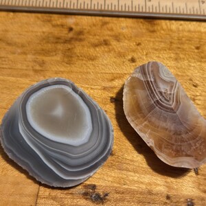 May include: Two polished agate stones. One is a rounded shape with concentric bands of gray, white, and clear. The other is a tan and brown, irregular shape with similar banding. Both stones are on a wooden surface.