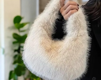 Women’s Plush Tote Bag, Small Faux Fur Handbag, Winter Shoulder Carry Bag