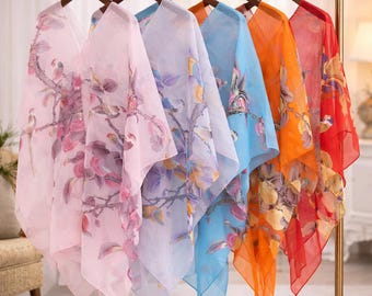 Poncho floral en soie pour femme, châle kimono léger, cardigan bohème en soie