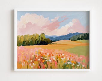 Pastell rosa Wiesen-Druck: Digital Download Wildblumen Landschaft Wandkunst