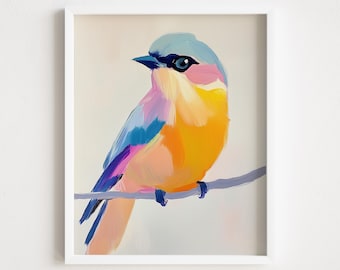 May include: A framed painting of a colorful bird perched on a wire. The bird features a blue head, pink accents, and a yellow and orange body. The artwork is set against a neutral background.