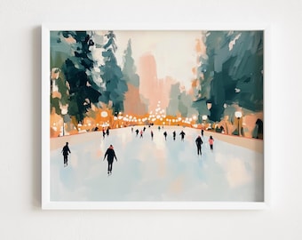 Festlicher Winter Skating Print: Digital Download Gouache Weihnachtsferien Wandkunst