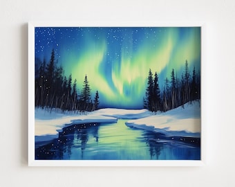May include: A framed landscape painting depicts the aurora borealis over a snowy river and forest. The sky transitions from dark blue to green, with stars. The water reflects the sky's colors, and the trees are silhouetted.