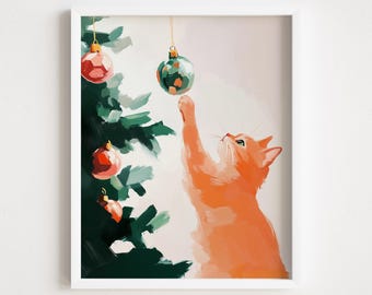 Naughty Cat Christmas Print: Digital Download Christmas Tree Kitty Wall Art