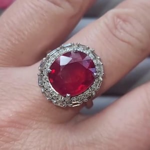 Natural Ruby Gemstone, Pave Diamond Cluster Ring, 925 Sterling Silver Band Cocktail Ring