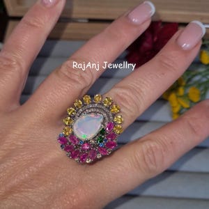 Natural Ethiopian Opal, Ruby & Sapphire Gemstone, Pave Set Diamond 925 Sterling Silver Cocktail Ring