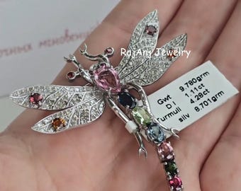 Natural Multi Tourmaline Gemstone Brooch, Designer Butterfly Pave Set Diamond 925 Sterling Silver Brooch